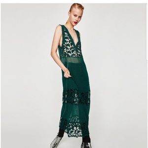 Zara Trafaluc pine forest green boho appliqué maxi dress NWT